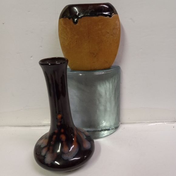 2 Vintage Dripping Glaze Vases Porcelain Ceramic Pottery Brown Tan Collectibles - Picture 2 of 10